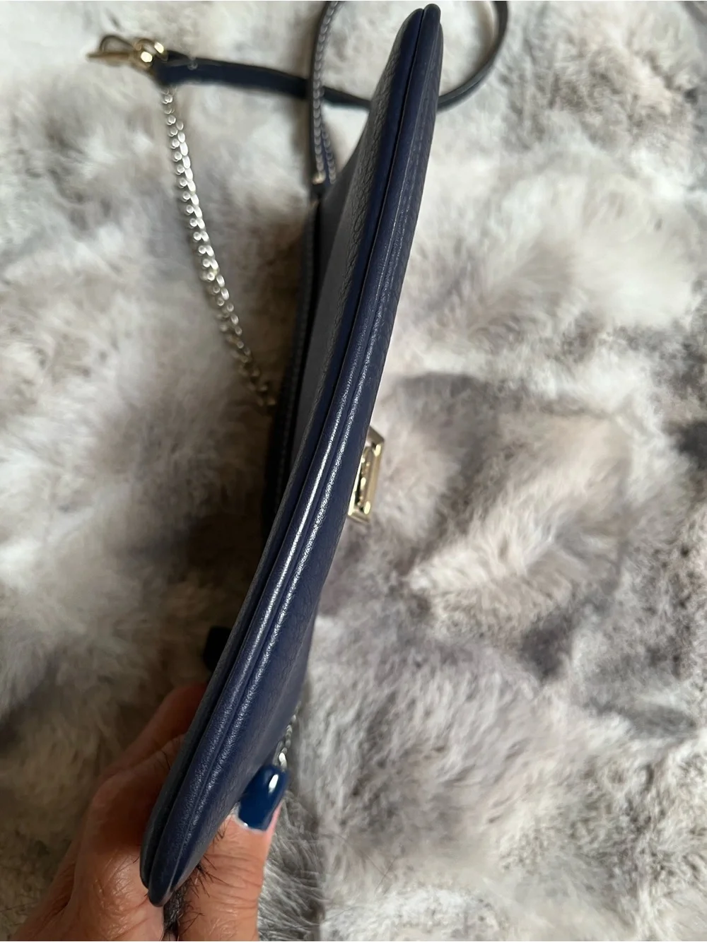 Dooney & Bourke Navy Pebbled Leather Wristlet with Fur Pom